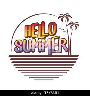 Hello summer logo - summer sunset at beach - vector illustration Stock Vector