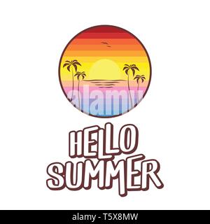 Hello summer logo and text illustration - summer sunset at beach Stock Vector