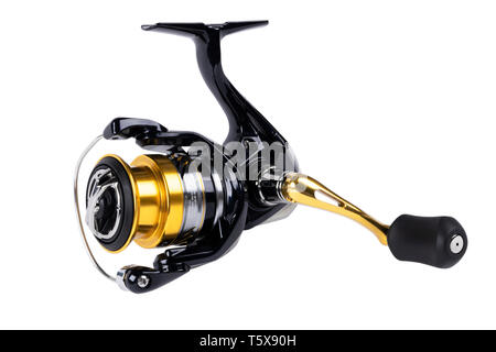 fishing rod, reel, wobbler, braided fishing line metal leash jerk, white  background, close-up, place for inscription Stock Photo - Alamy