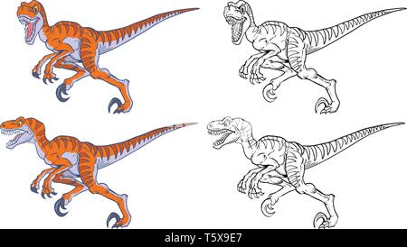 Vector cartoon clip art illustration of a tough mean running velociraptor dinosaur mascot set with head in side and front views. In color and black an Stock Vector