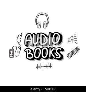 Audiobooks concept. Set of audio book symbols with lettering. Vector ...