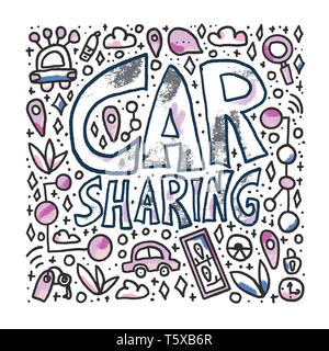 Car sharing concept. Hand lettering with symbols. Vector illustration. Stock Vector