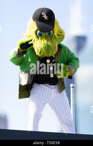 CHICAGO, IL- APRIL 9: Southpaw, the Chicago White Sox mascot entertains  fans in between innings during the game between the Tampa Bay Rays against  the Chicago White Sox at U.S. Cellular Field