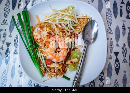 Thai fried noodles with shrimp and vegetables 'Pad Thai'. Stock Photo