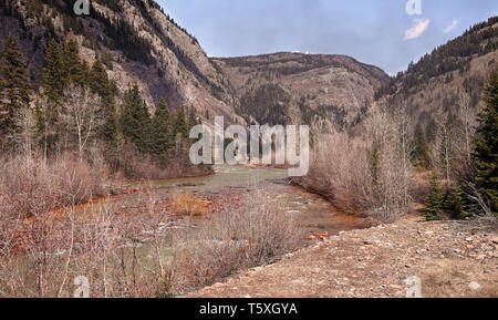 view from the Durango to Silverton railway of the Animas river in the San Juan mountain range in the Colorado Rockies Stock Photo