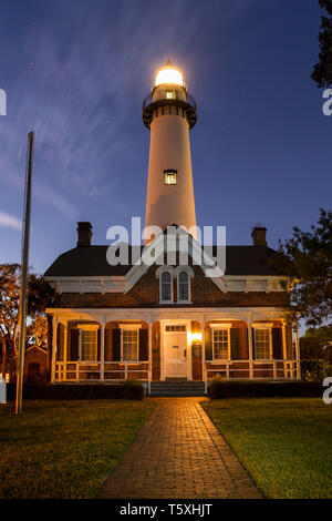 St. Simons Island Lighthouse at Twilight, Georgia Stock Photo