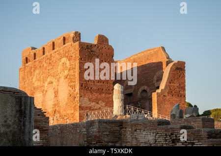 View of the Capitolium of Ostia Antica at sunset, archaeological site in Rome. Stock Photo