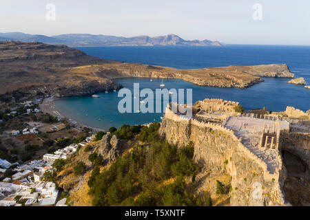 Greece, Rhodes, Lindos Acropolis and Megali Paralia Beach Stock Photo
