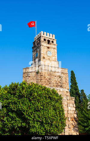 Clock Tower or Saat Kulesi in the centre of Antalya old town or Kaleici in Turkey Stock Photo