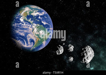Earth in the scape with meteorite stones and light Stock Photo