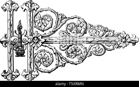 Gothic Hinge is designed in a scrolling, fronts is totally unique, household objects and scrolling leaf, vintage line drawing or engraving illustratio Stock Vector