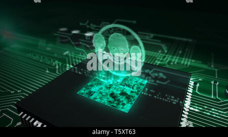 Social media concept with profile heads hologram over working cpu in background. Concept of networking, identity and privacy protection in cyberspace. Stock Photo