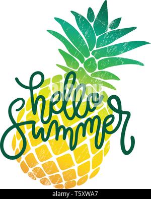 Vector calligraphy illustration Hello summer with pineapple icon. Lettering typography poster. Stock Vector