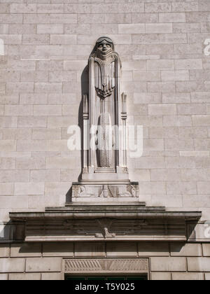 A statue entitled 'Speed, the modern Mercury' - an art deco relief on the Mersey Tunnel George's Dock Ventilation and Control Station, Liverpool Stock Photo