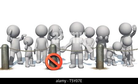 3D people behind chains blockade and stop sign- separated on white Stock Photo