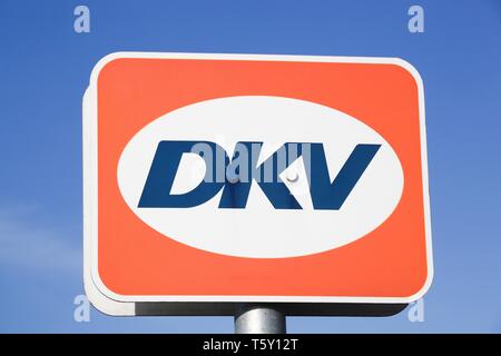 Gyhum, Germany - July 22, 2018: DKV logo on a panel. DKV Euro Service leads the market in providing cash-free services to the transport business Stock Photo