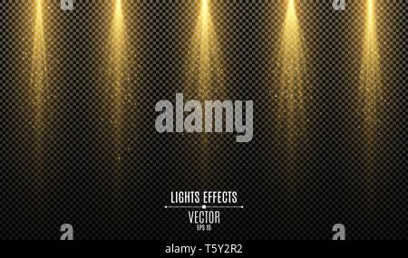 Set of golden stylish lights effects isolated on a dark transparent background. Golden rays with magical dust. Lamp beams. Bright backlight. Vector il Stock Vector