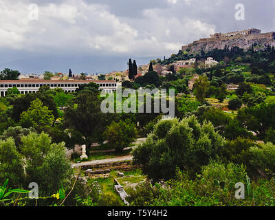 Acropolis in Athens Greece and Stoa of Attalos. View from ancient (arhaia) Agora. Stock Photo