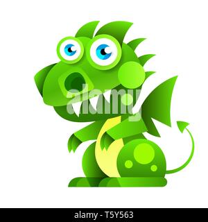 Funny Cartoon Little Green Sitting Dragon. Vector Illustration. Isolated Icon On White Background. Stock Vector