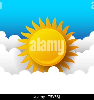 Sunny Background, Blue Sky With White Clouds And Sun, Vector Illustration. Stock Vector