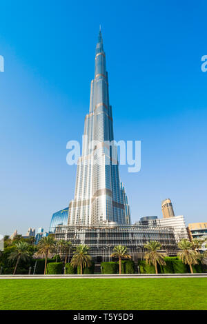 DUBAI, UAE - FEBRUARY 24, 2019: Burj Khalifa or Khalifa Tower is a skyscraper and the tallest building in the world in Dubai, UAE Stock Photo
