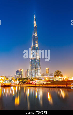 DUBAI, UAE - FEBRUARY 25, 2019: Burj Khalifa or Khalifa Tower is a skyscraper and the tallest building in the world in Dubai, UAE Stock Photo