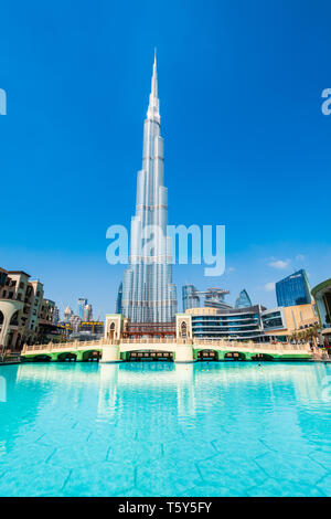 DUBAI, UAE - FEBRUARY 26, 2019: Burj Khalifa or Khalifa Tower is a skyscraper and the tallest building in the world in Dubai, UAE Stock Photo