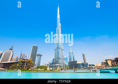 DUBAI, UAE - FEBRUARY 26, 2019: Burj Khalifa or Khalifa Tower is a skyscraper and the tallest building in the world in Dubai, UAE Stock Photo