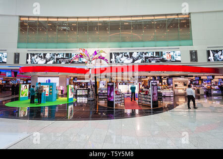 DUBAI, UAE - MARCH 02, 2019: Perfume shop in the duty free zone in the Dubai International Airport in UAE