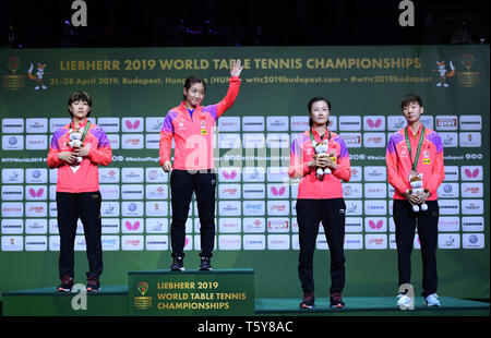 Budapest, Ding Ning and Wang Manyu of China pose on the podium during the awarding ceremony of the women's singles match of 2019 ITTF World Table Tennis Championships in Budapest. 27th Apr, 2019. (From L to R)Silver medalist Chen Meng, gold medalist Liu Shiwen, bronze medalists Ding Ning and Wang Manyu of China pose on the podium during the awarding ceremony of the women's singles match of 2019 ITTF World Table Tennis Championships in Budapest, Hungary on April 27, 2019. Credit: Lu Yang/Xinhua/Alamy Live News Stock Photo