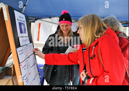 Wakefield, West Yorkshire, England, UK, 27th April 2019. Pro-Europe People’s Vote campaigners in the city centre ahead of local elections and possible EU elections should the UK still be in the EU on March 23rd. Shoppers taking part in a poll by sticking stars on a board. Stock Photo