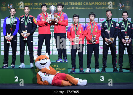 Budapest. 27th Apr, 2019. Medalists pose for photo during the awarding ceremony for the men's doubles match at 2019 ITTF World Table Tennis Championships in Budapest, Hungary on April 27, 2019. Credit: Lu Yang/Xinhua/Alamy Live News Stock Photo