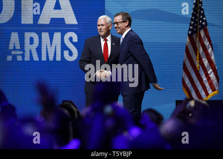 May 4, 2018 - Dallas, Texas, U.S. - Vice President Mike Pence shakes hands with Chris W. Cox, executive director of the NRA Institute for Legislative Action, during the National Rifle Association (NRA) annual meeting leadership forum on Friday, May 4, 2018 in Dallas, Texas.. Â© 2018 Patrick T. Fallon (Credit Image: © Patrick Fallon/ZUMA Wire) Stock Photo