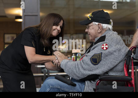 Second Lady Karen Pence greets veterans of the Northeast Indiana Chapter of Honor Flight at Ronald Reagan Washington National Airport Wednesday, April 24, 2019 in Arlington, Va   People:  Second Lady Karen Pence Stock Photo