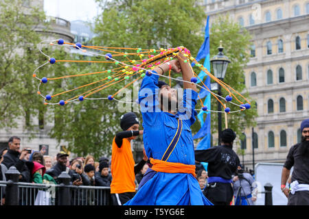 London, UK, UK. 27th Apr, 2019. A member of Gatka - The Sikh Martial Art seen performing martial arts at Trafalgar Square during the festival.The Vaisakhi Festival is a religious festival that marks the Sikh New Year. This year's celebrations took place on 14 April which commemorates the beginning of Sikhism as a collective faith and London's celebrations are an opportunity for people from all communities, faiths and backgrounds to experience a festival that is celebrated by Sikhs who live in the capital and over 20 million people across the world. (Credit Image: © Dinendra Hari Stock Photo