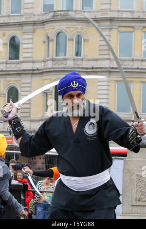 London, UK, UK. 27th Apr, 2019. A member of Gatka - The Sikh Martial Art seen performing martial arts at Trafalgar Square during the festival.The Vaisakhi Festival is a religious festival that marks the Sikh New Year. This year's celebrations took place on 14 April which commemorates the beginning of Sikhism as a collective faith and London's celebrations are an opportunity for people from all communities, faiths and backgrounds to experience a festival that is celebrated by Sikhs who live in the capital and over 20 million people across the world. (Credit Image: © Dinendra Hari Stock Photo