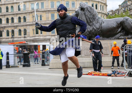 London, UK, UK. 27th Apr, 2019. A member of Gatka - The Sikh Martial Art seen performing martial arts at Trafalgar Square during the festival.The Vaisakhi Festival is a religious festival that marks the Sikh New Year. This year's celebrations took place on 14 April which commemorates the beginning of Sikhism as a collective faith and London's celebrations are an opportunity for people from all communities, faiths and backgrounds to experience a festival that is celebrated by Sikhs who live in the capital and over 20 million people across the world. (Credit Image: © Dinendra Hari Stock Photo