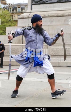 London, UK, UK. 27th Apr, 2019. A member of Gatka - The Sikh Martial Art seen performing martial arts at Trafalgar Square during the festival.The Vaisakhi Festival is a religious festival that marks the Sikh New Year. This year's celebrations took place on 14 April which commemorates the beginning of Sikhism as a collective faith and London's celebrations are an opportunity for people from all communities, faiths and backgrounds to experience a festival that is celebrated by Sikhs who live in the capital and over 20 million people across the world. (Credit Image: © Dinendra Hari Stock Photo