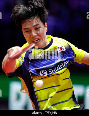 Budapest. 27th Apr, 2019. An Jaehyun of South Korea competes during the men's singles semifinal with Mattias Falck of Sweden at 2019 ITTF World Table Tennis Championships in Budapest, Hungary on April 27, 2019. Credit: Han Yan/Xinhua/Alamy Live News Stock Photo