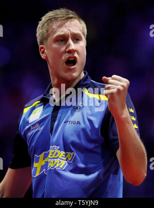 Budapest. 27th Apr, 2019. Mattias Falck of Sweden celebrates after winning the men's singles semifinal with An Jaehyun of South Korea at 2019 ITTF World Table Tennis Championships in Budapest, Hungary on April 27, 2019. Credit: Han Yan/Xinhua/Alamy Live News Stock Photo