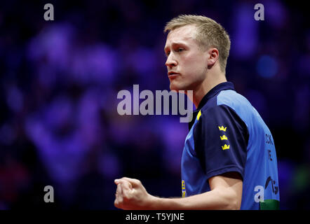 Budapest. 27th Apr, 2019. Mattias Falck of Sweden celebrates during the men's singles semifinal with An Jaehyun of South Korea at 2019 ITTF World Table Tennis Championships in Budapest, Hungary on April 27, 2019. Credit: Han Yan/Xinhua/Alamy Live News Stock Photo