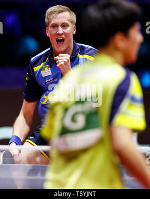 Budapest. 27th Apr, 2019. Mattias Falck(L) of Sweden celebrates during the men's singles semifinal with AN Jaehyun of South Korea at 2019 ITTF World Table Tennis Championships in Budapest, Hungary on April 27, 2019. Credit: Han Yan/Xinhua/Alamy Live News Stock Photo