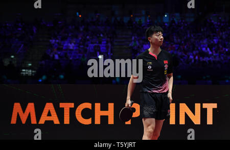 Budapest. 27th Apr, 2019. Ma Long of China reacts during the men's singles semifinal with his teammate Liang Jingkun at 2019 ITTF World Table Tennis Championships in Budapest, Hungary on April 27, 2019. Credit: Tao Xiyi/Xinhua/Alamy Live News Stock Photo