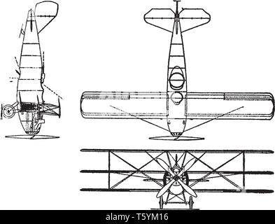 Curtis Model 18 I Triplane has a 400 horsepower K 12 engine, vintage line drawing or engraving illustration. Stock Vector