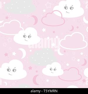 vector illustration baby seamless pattern. Children seamless pattern with cute clouds, stars on a pink background. Stock Vector