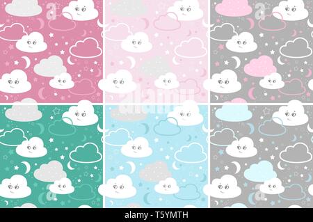 vector illustration baby seamless pattern. set children seamless pattern with cute clouds, stars. Stock Vector