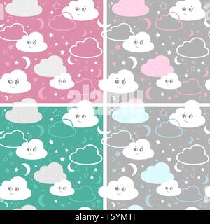 vector illustration baby seamless pattern. set children seamless pattern with cute clouds, stars. Stock Vector
