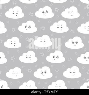 vector illustration baby seamless pattern. Children seamless pattern with cute clouds, stars on a gray background. Stock Vector