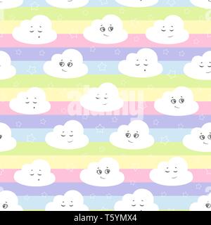 vector illustration baby seamless pattern. Children seamless pattern with cute clouds, stars on a multicolored background. Stock Vector