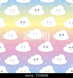 vector illustration baby seamless pattern. Children seamless pattern with cute clouds, stars on a multicolored background. Stock Vector